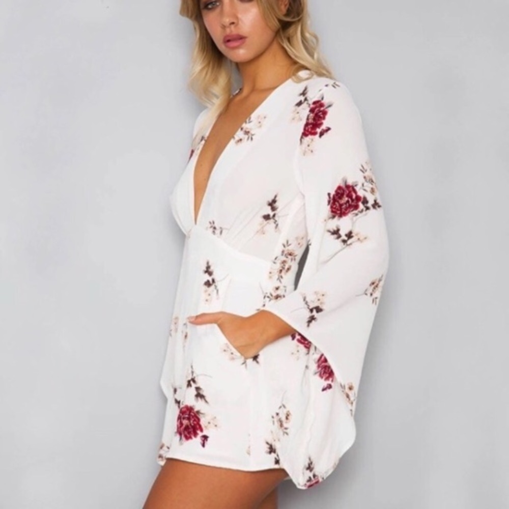 Deep V Bell Sleeve Rose Floral Romper - Picture 3 of 7